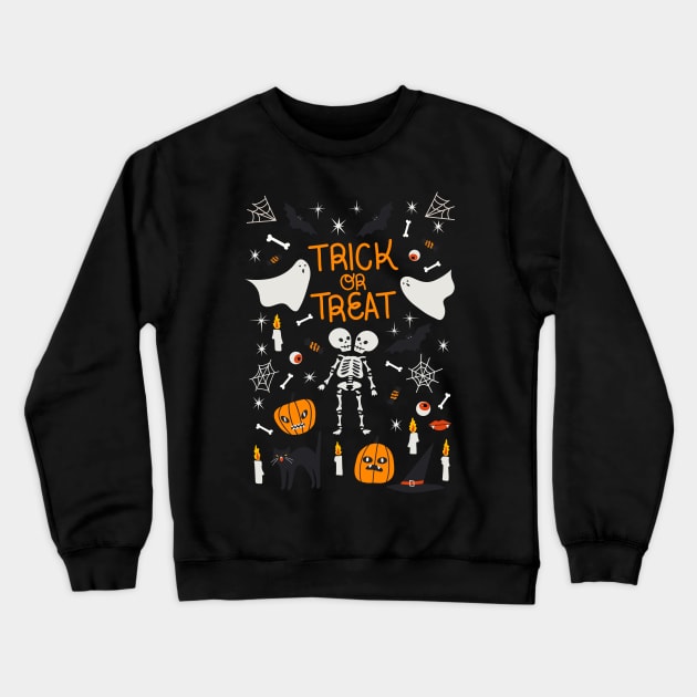 halooween, skeleton, black cat, trick or treat, ghost, bat, fire, candle, holiday, gift, for him, for her, child Crewneck Sweatshirt by AnnaMartaFoley